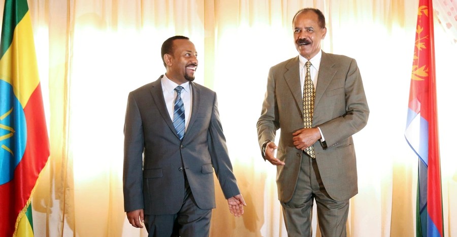 President Isaias Afwerki of Eritrea and Prime Minister Abiy Ahmed of Ethiopia pose together during a photo opportunity.