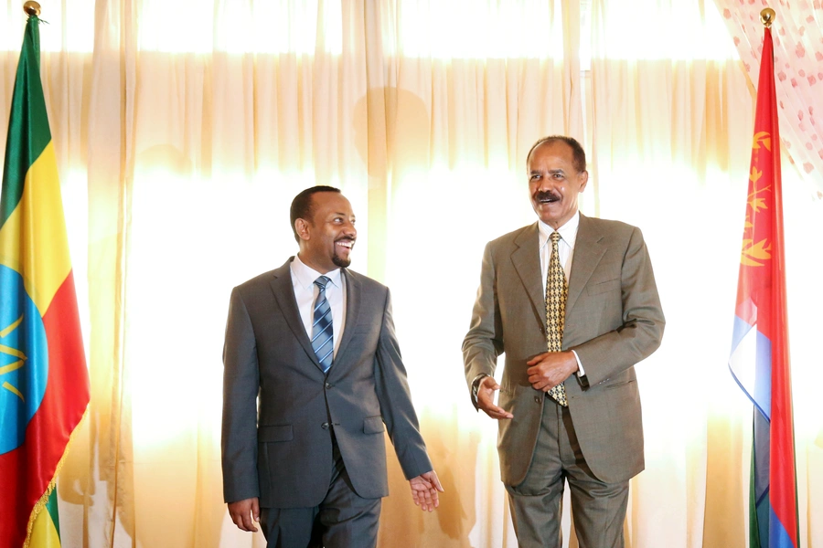 President Isaias Afwerki of Eritrea and Prime Minister Abiy Ahmed of Ethiopia pose together during a photo opportunity.